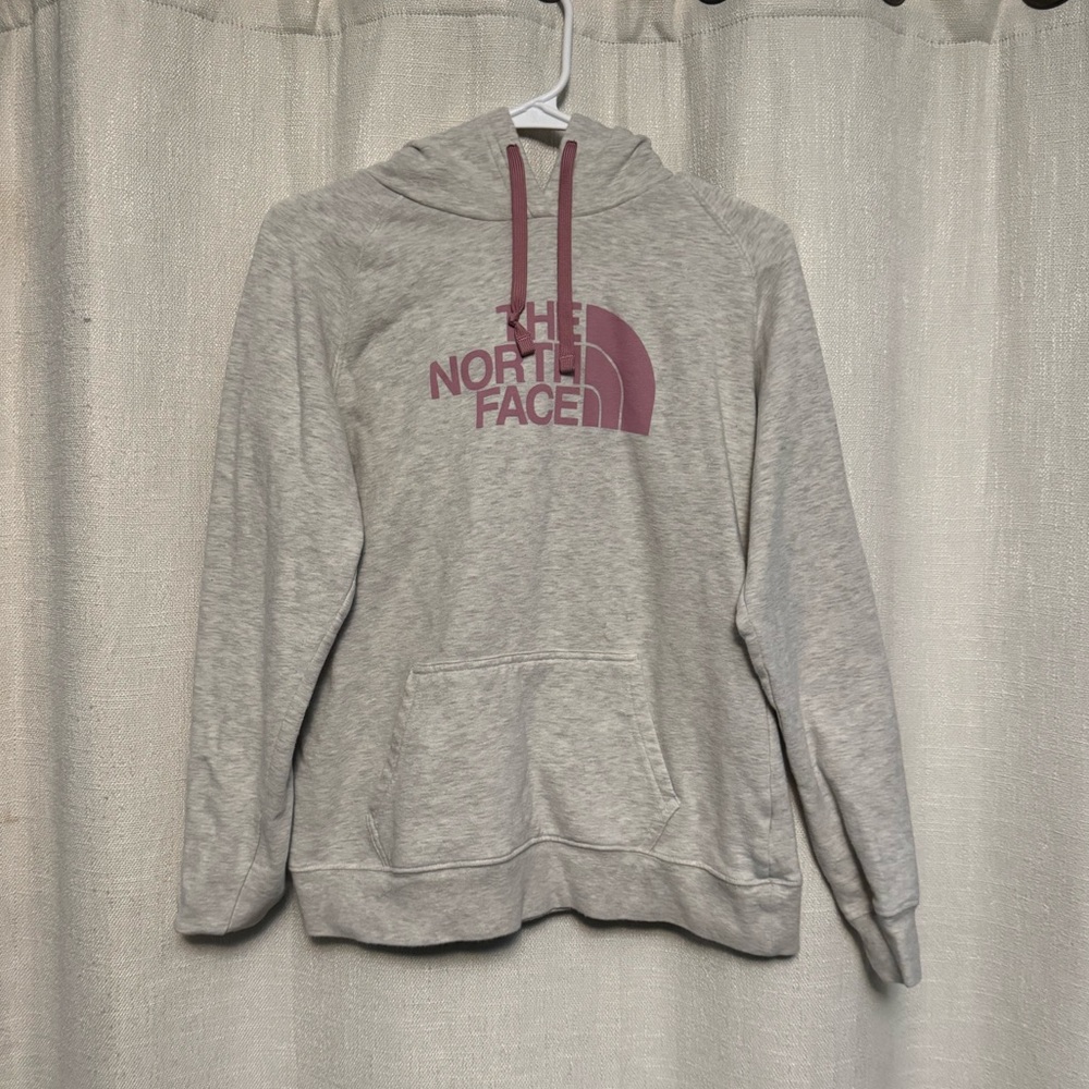 The North Face Light Gray Hoodie with Pink Accents